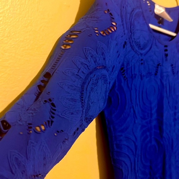 S/M Bodycon Dark Blue Dress OpenWork Round Neck two-third OpenWork Sleeve Mini - Picture 5 of 9